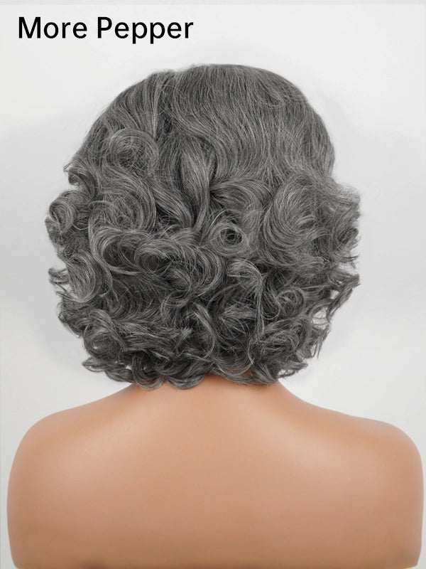 Back view of more pepper steel grey salt and pepper bob wig with retro waves, showing darker grey tones and full layered volume