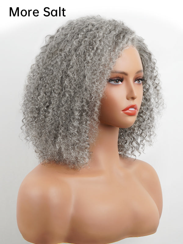 Fluffy salt and pepper gray curly bob wig in more salt shade, glueless design offering a voluminous and natural-looking gray hairstyle for women seeking an effortless, youthful appearance.