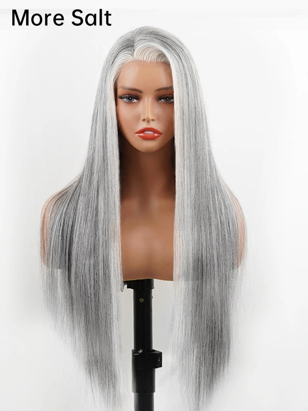 More Salt glueless long straight gray silver wig, featuring a natural salt and pepper color with sleek, smooth texture. Perfect for women seeking a chic and youthful gray hairstyle with a realistic look.