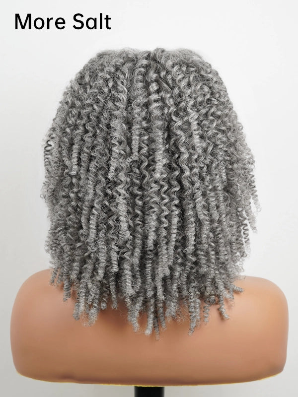Back view of More Salt salt and pepper curly gray bob wig, showing natural tight afro curls, soft synthetic texture, realistic gray blend hairstyle for black women seeking short elegant gray look.