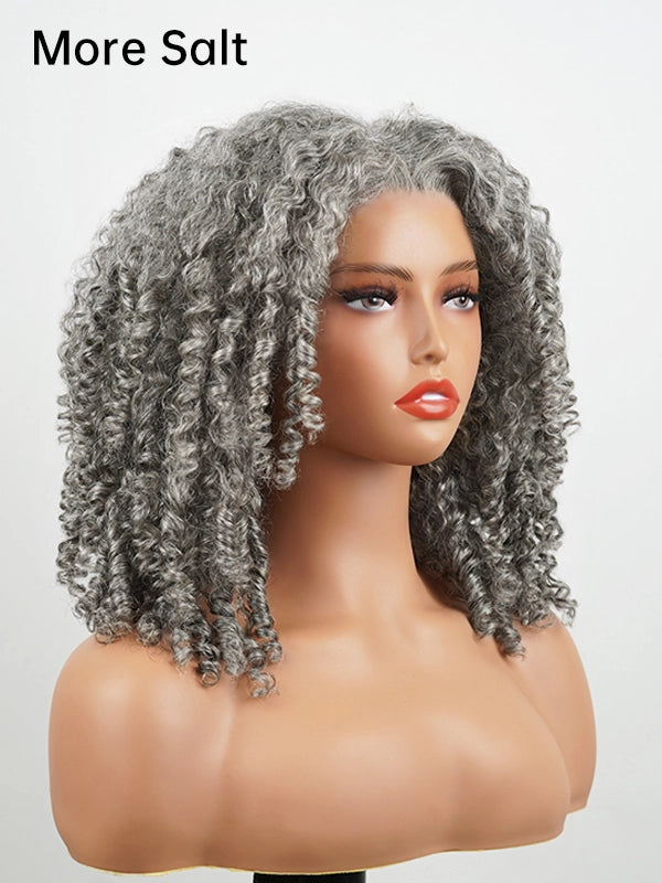 More Salt salt and pepper curly gray bob wig with natural afro kinky curls, realistic gray blend, soft synthetic hair for black women, short gray hairstyle with volume and definition for mature elegant look.
