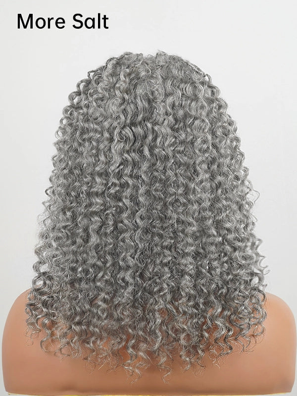More salt salt and pepper boho braided curly wig back view showing full volume light gray curls