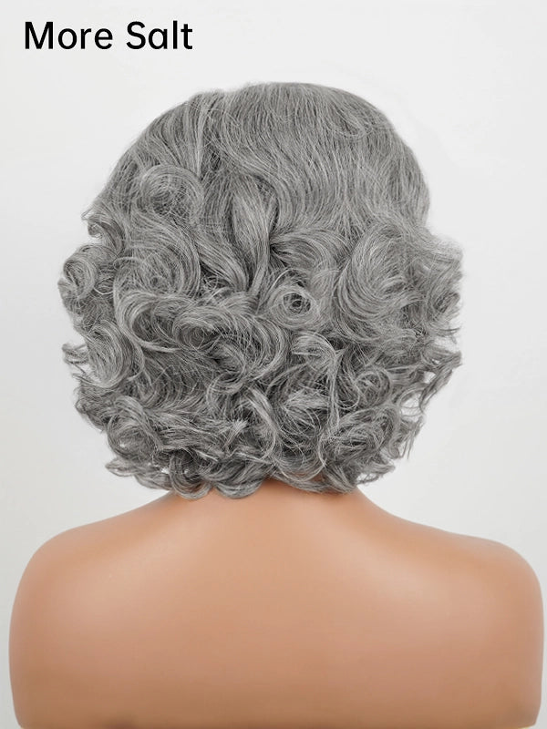 Back view of more salt steel grey salt and pepper bob wig with retro waves, showing full volume and soft curled layers
