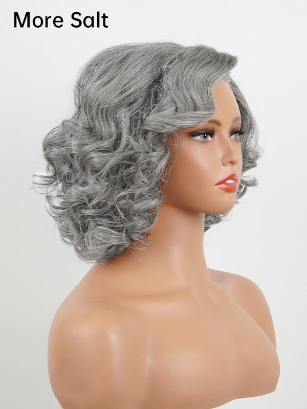 More salt steel grey salt and pepper bob wig with retro waves, side view showing soft curls and natural grey blend.