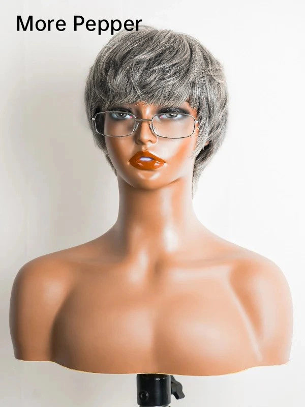 Luvwin Salt & Pepper Pixie Cut Style Full Machine With Bangs Human Hair
