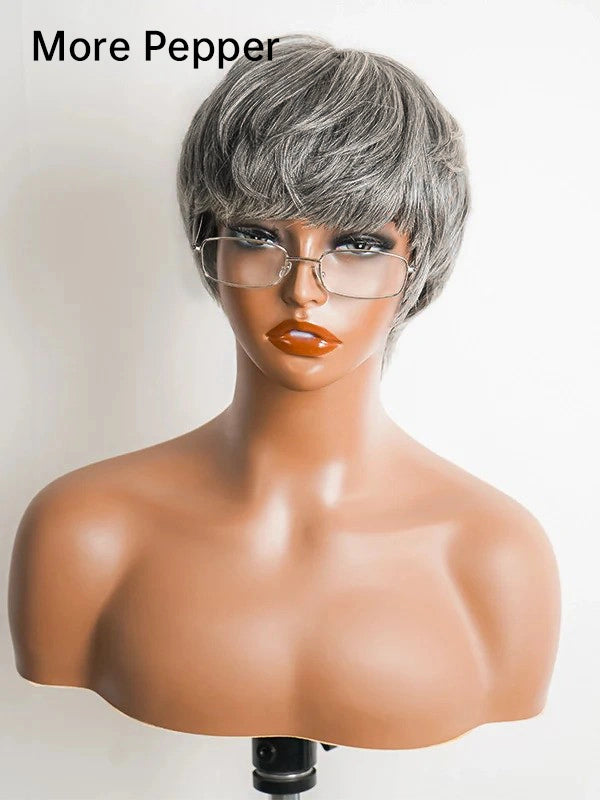 Luvwin Salt & Pepper Pixie Cut Style Full Machine With Bangs Human Hair