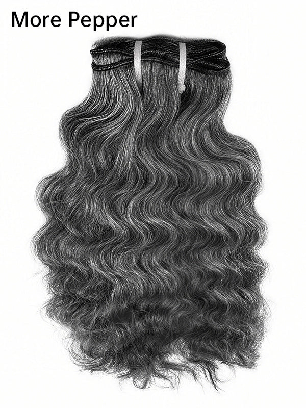 Luvwin Salt and Pepper Indian Wavy Natural Gray Human Hair Bundle Hair Extensions