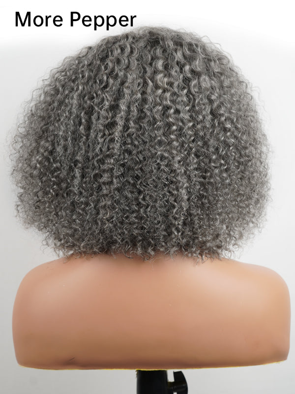 Luvwin 5x5 Jerry Curly Salt And Pepper Glueless Gray Color Pre-Cut Lace Fluffy Bob Wig 100% Real Human Hair