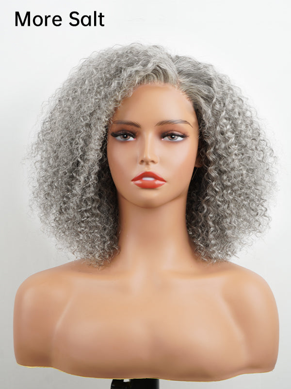 Luvwin 5x5 Jerry Curly Salt And Pepper Glueless Gray Color Pre-Cut Lace Fluffy Bob Wig 100% Real Human Hair