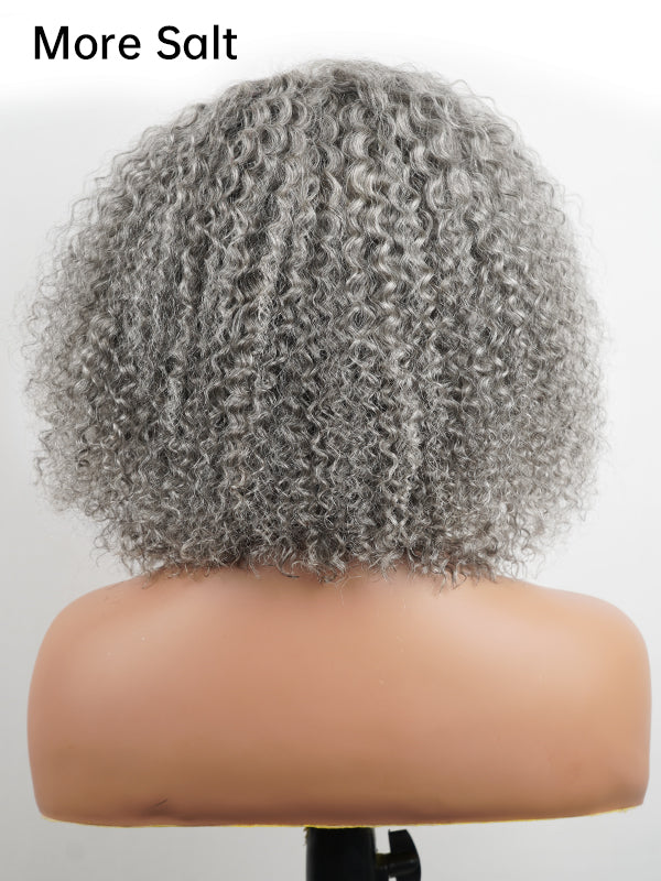 Luvwin 5x5 Jerry Curly Salt And Pepper Glueless Gray Color Pre-Cut Lace Fluffy Bob Wig 100% Real Human Hair