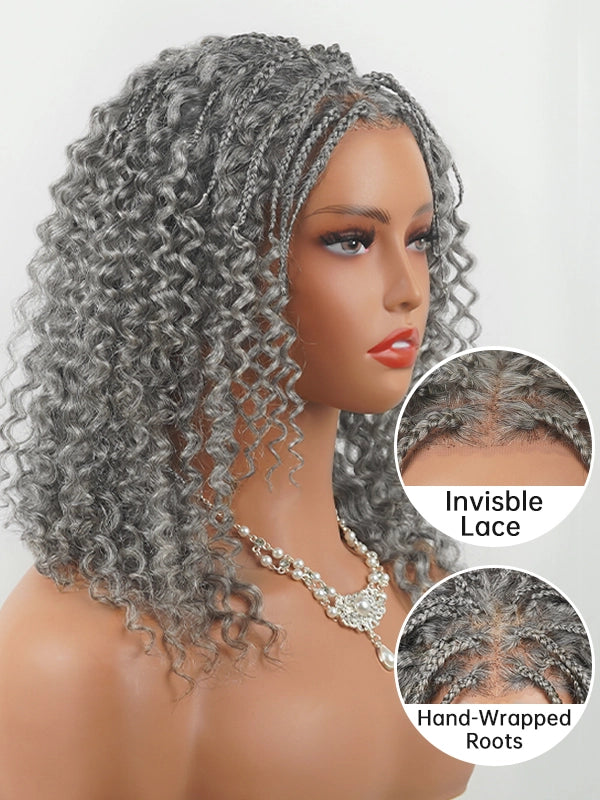 Salt and pepper boho braided curly wig side view with invisible lace and hand wrapped roots for a natural hairline