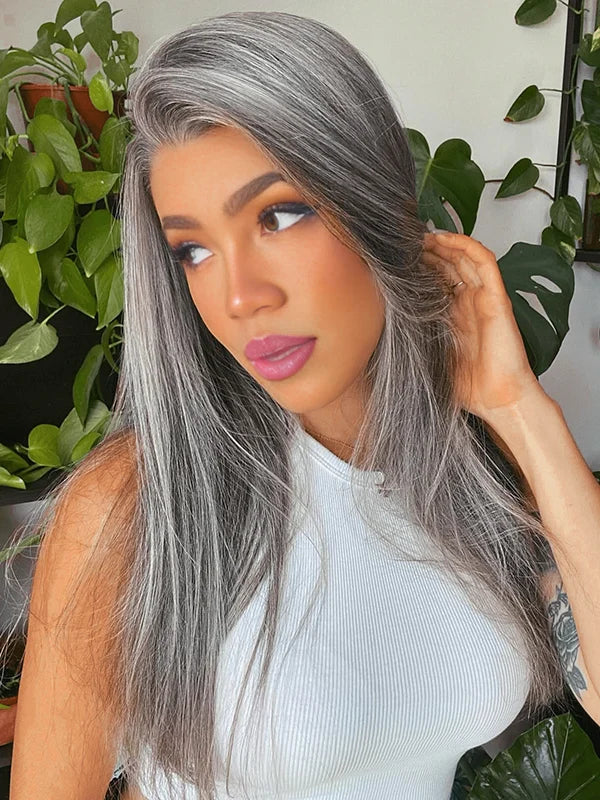 Beautiful woman wearing a salt and pepper gray glueless straight wig made of 100% human hair, beginner friendly, natural look, easy to wear for daily style.