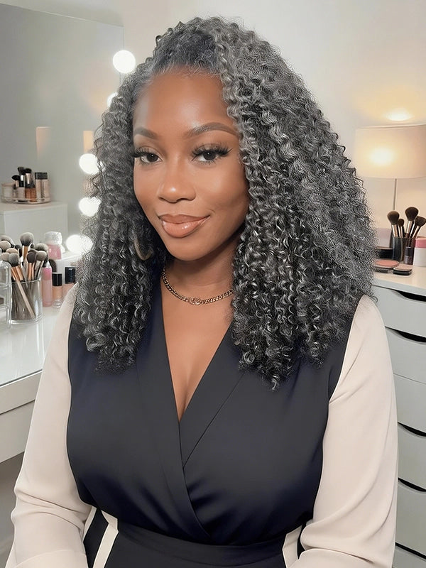 Salt and pepper kinky curly crochet hair, gray human hair bundle extensions for Black women with full volume.