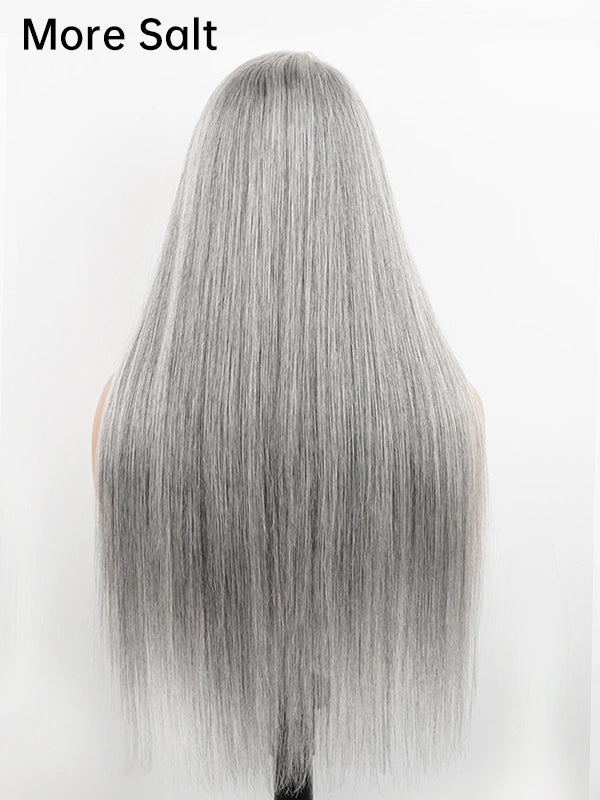 More Salt long straight silver wig in salt and pepper color, glueless and natural-looking. Perfect for women seeking a sleek, youthful, and elegant gray hairstyle with a smooth texture.