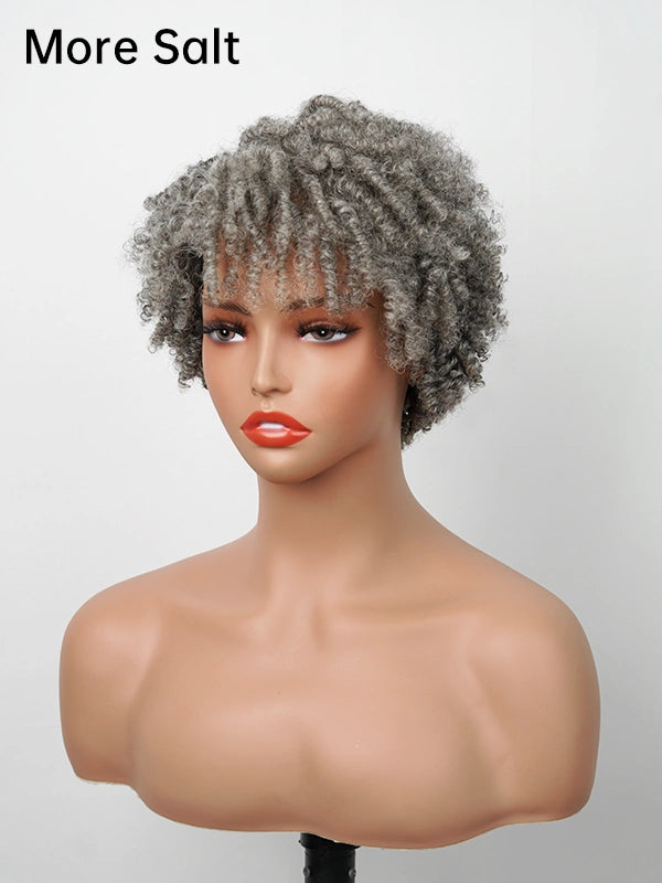 Side view of Salt and Pepper More Salt Short Spiral Curl Wig – light grey afro-style short curly wig for women with soft spiral curls and natural texture