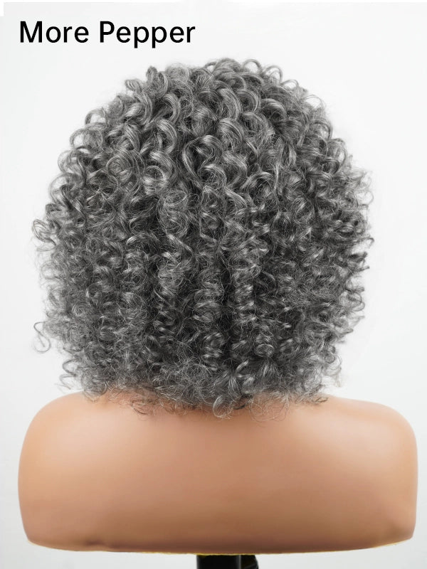 Back view of Salt & Pepper bouncy curls grey wig with more pepper tone, showcasing full, defined curls and glueless design for a seamless, natural appearance