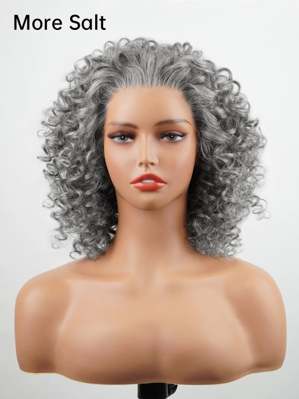 Front view of Salt & Pepper bouncy curls grey wig, featuring natural volume and a glueless design, styled with soft, defined curls