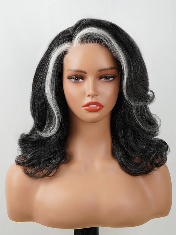 Front view of salt and pepper kinky wave wig, natural black with grey streak, 100% human hair glueless lace front