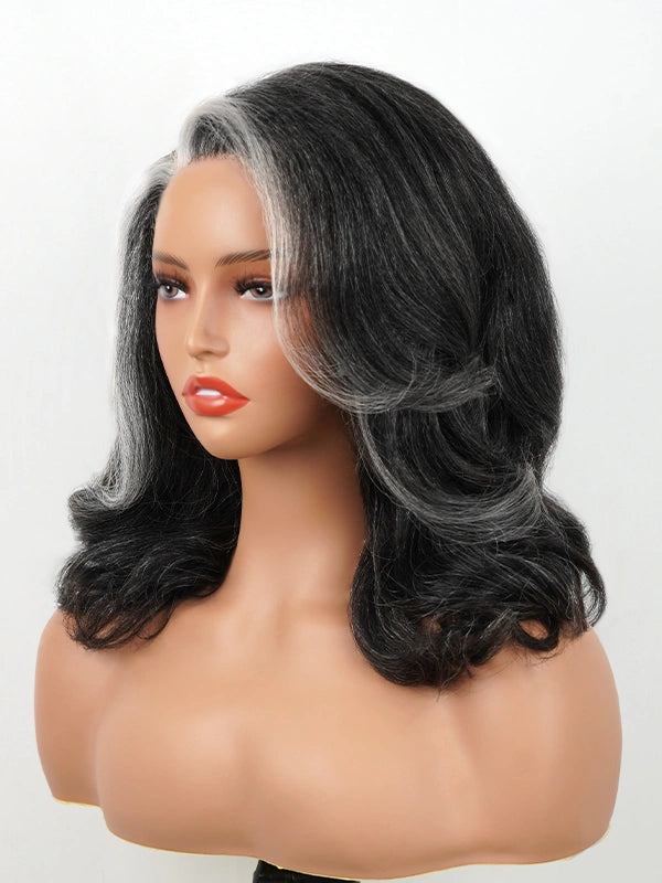 Side view of salt and pepper kinky wave human hair wig with grey streak highlight, natural density and glueless lace design.