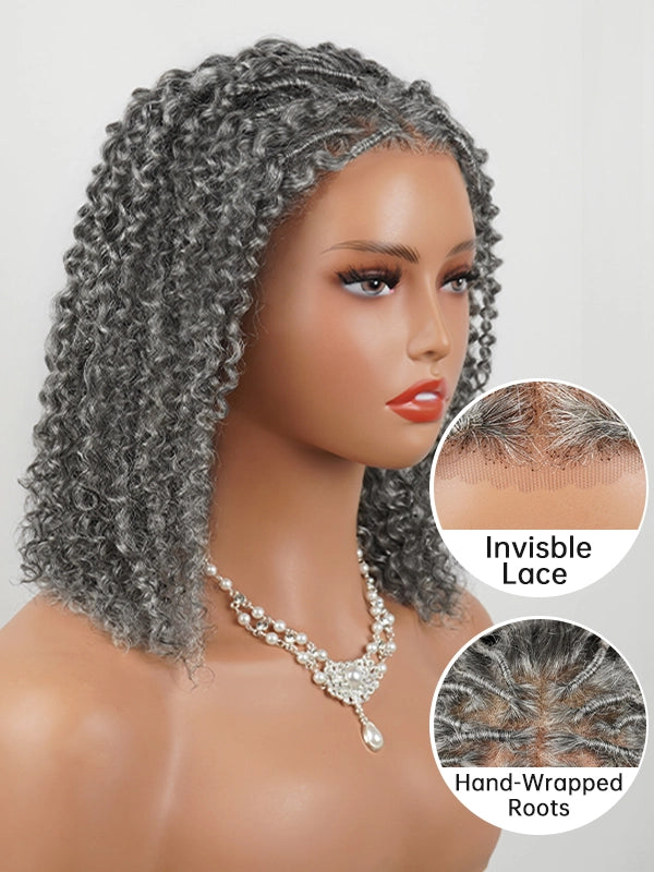 Silver grey boho twist curly human hair wig with invisible lace and hand-wrapped roots for a natural, realistic look