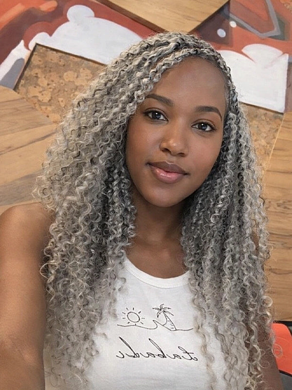 Real model wearing silver grey boho twist curly human hair wig showing natural curls and everyday style