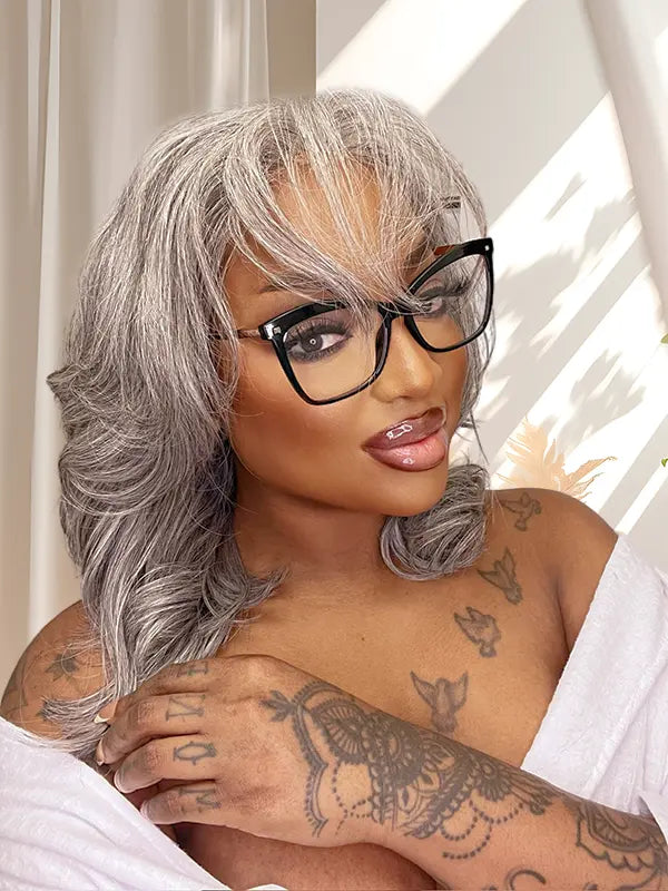 Luvwin 5x5 Salt And Pepper Glueless Gray Color Layered Cut Body Wave Pre-Cut Lace Bob Wig 100% Human Hair