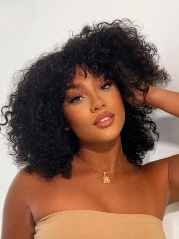 Luvwin Water Wave Perruque courte à frange sans dentelle 100 % cheveux humains