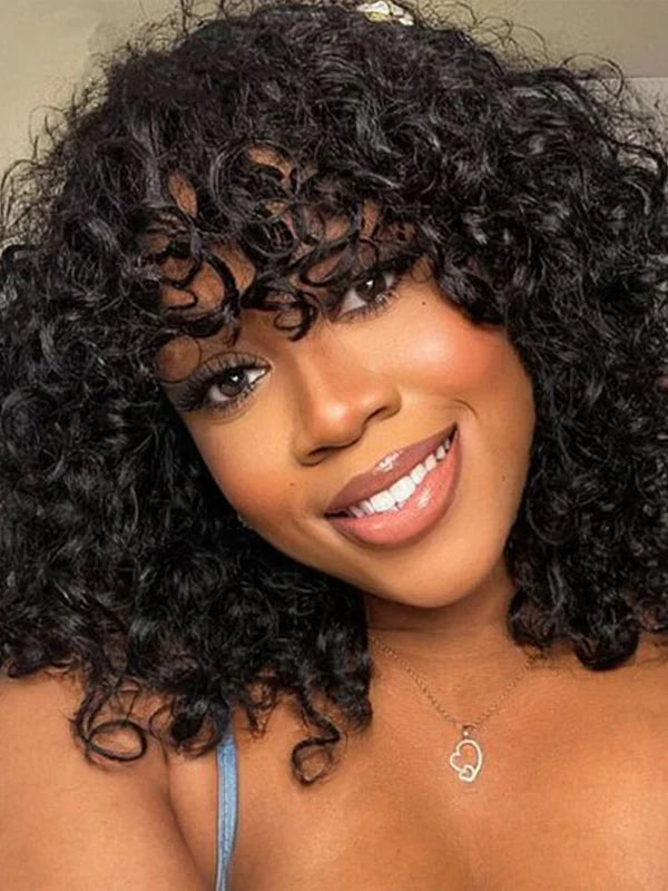 Luvwin Water Wave Perruque courte à frange sans dentelle 100 % cheveux humains
