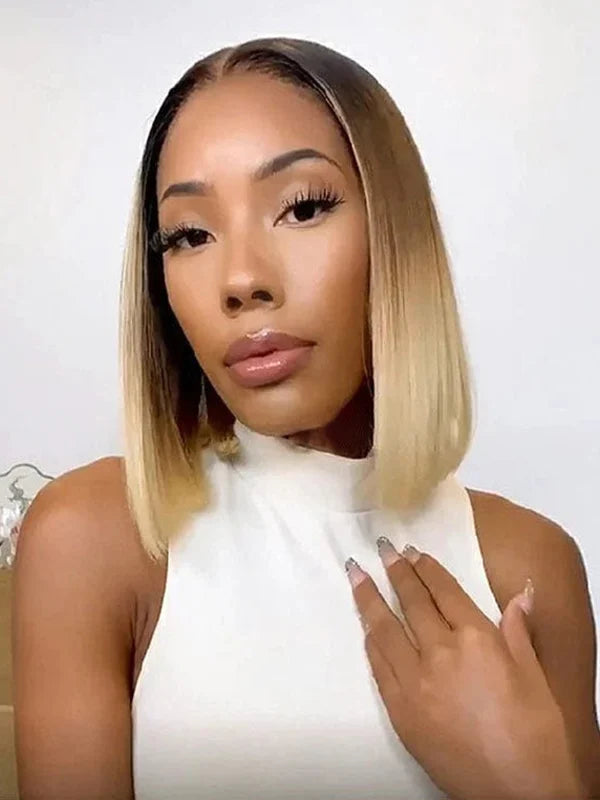 Luvwin 4/613 Blonde Bob Natural avec Black Root Ombre Dentelle Front Perruque Virgin Human Hair