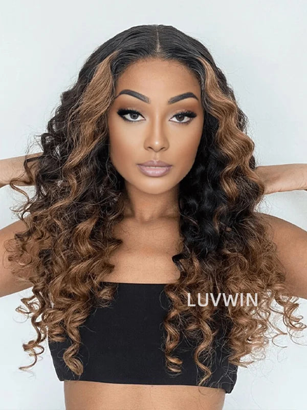 Luvwin Fluffy Brown Ombre Highlights Water Wave Glueless Pre-Cut HD Lace Frontal Wig