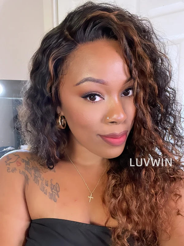 Luvwin Fluffy Brown Ombre Highlights Water Wave Glueless Pre-Cut HD Lace Frontal Wig