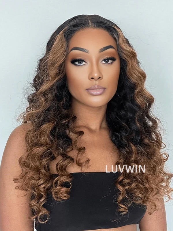 Luvwin Fluffy Brown Ombre Highlights Water Wave Glueless Pre-Cut HD Lace Frontal Wig