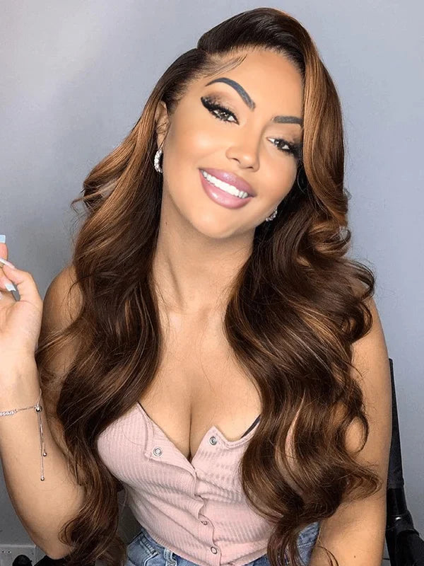Luvwin 13x4&13x6 Money Piece Loose Wave Brown Color Pre-Cut Lace HD Frontal Wig With Bangs
