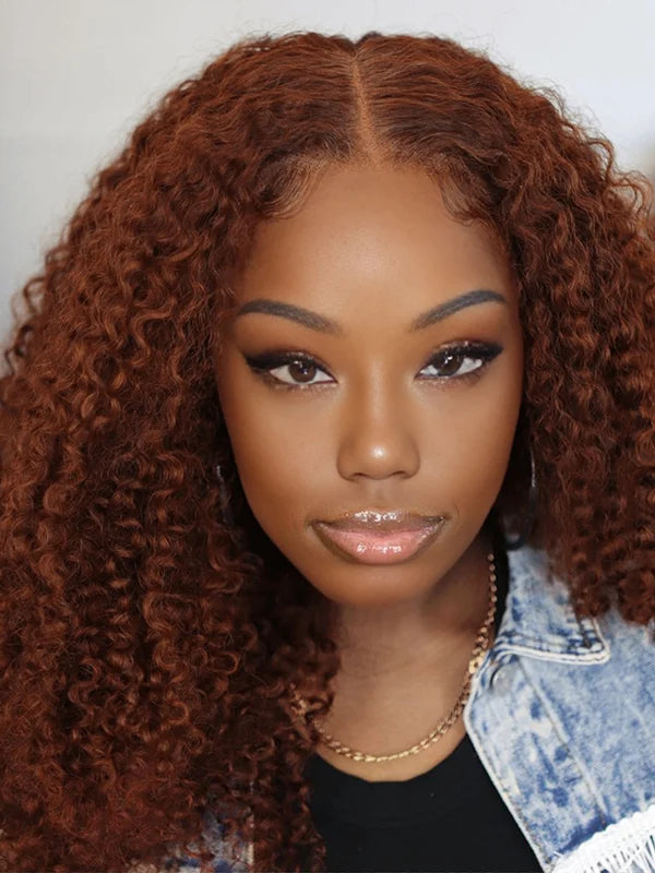 Luvwin Reddish Brown Pre-Cut Glueless Lace Wig Wear and Go Kinky Curly 100%Human Hair