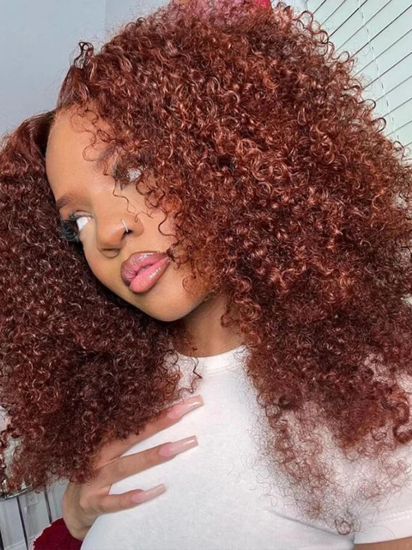 Luvwin Reddish Brown Pre-Cut Glueless Lace Wig Wear and Go Kinky Curly 100%Human Hair