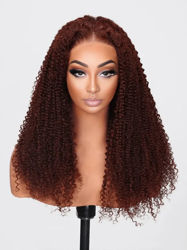 Luvwin Reddish Brown Pre-Cut Glueless Lace Wig Wear and Go Kinky Curly 100%Human Hair