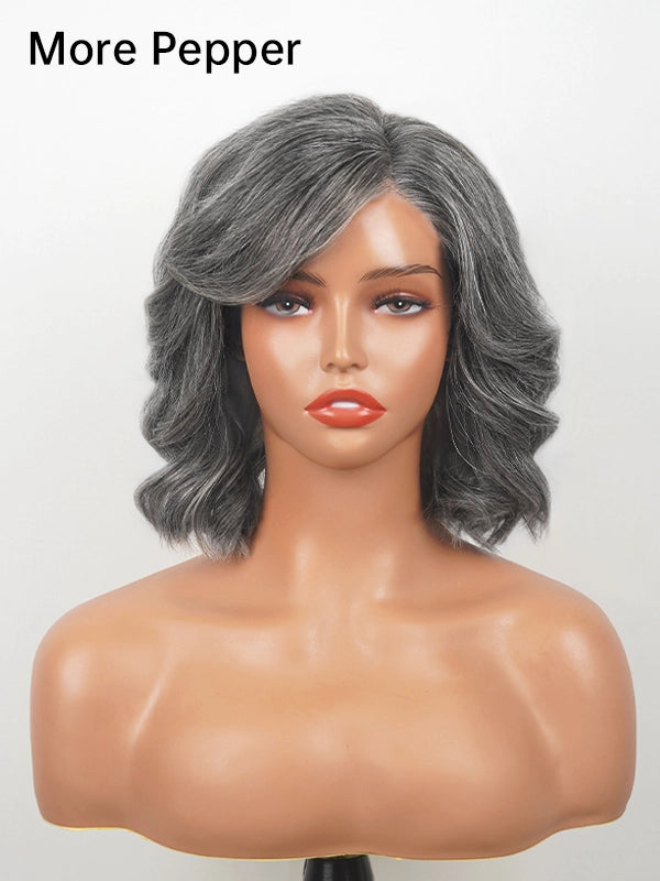 Luvwin 5x5 Lace Salt & Pepper Side-Part Layered Bob with Natural Waves 100% Human Hair Wig For Mature Women