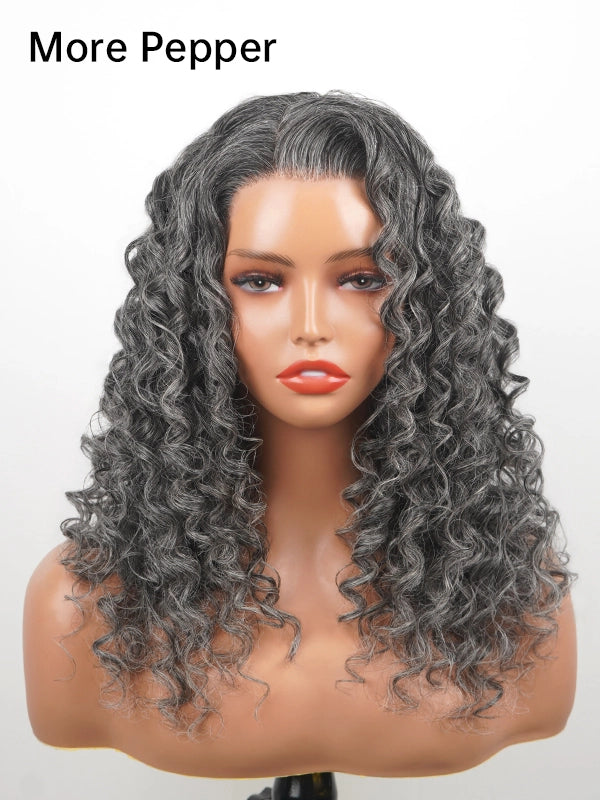 Luvwin Salt & Pepper Loose Wave Curly Wig Glueless Gray Color 100% Human Hair