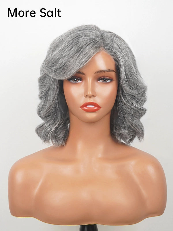 Luvwin 5x5 Lace Salt & Pepper Side-Part Layered Bob with Natural Waves 100% Human Hair Wig For Mature Women