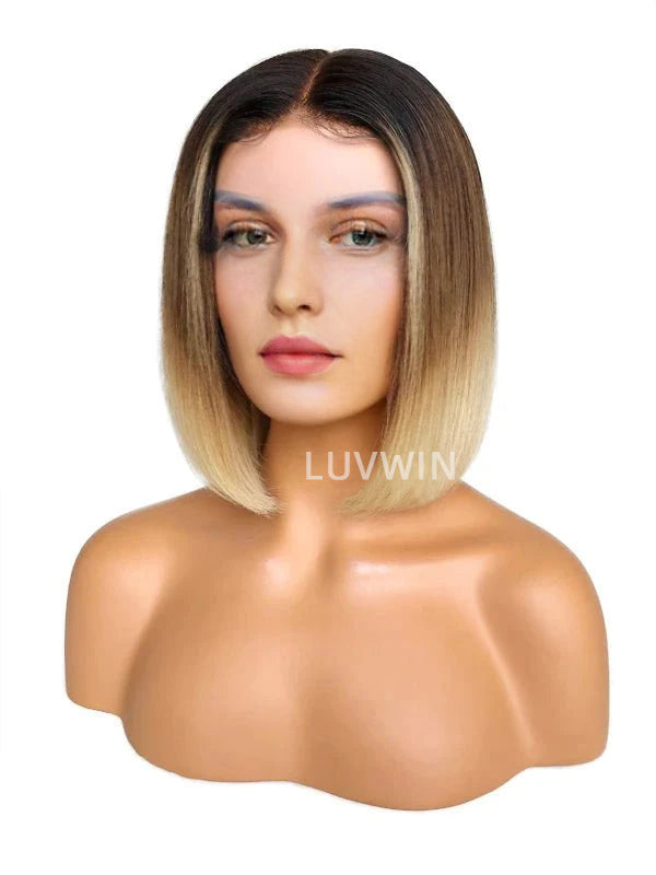 Luvwin 4/613 Blonde Bob Natural with Black Root Ombre Lace Front Wig Virgin Human Hair