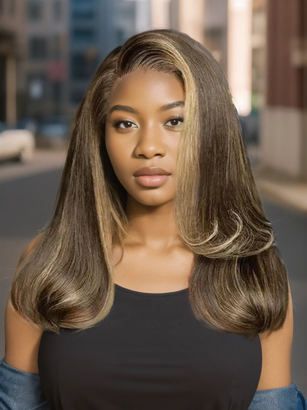 Luvwin Deep Side Part Brown Root With Blonde Money Piece Lace Front Wig 180% Densité