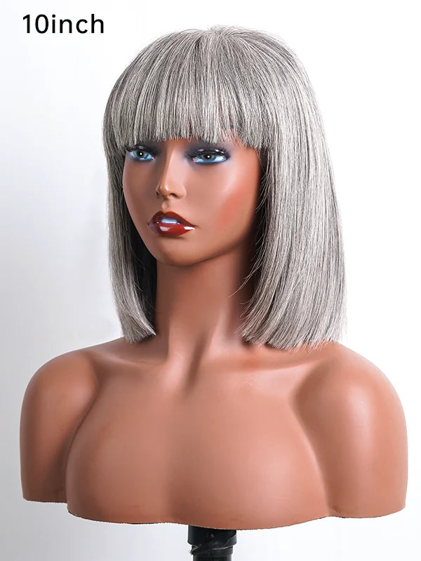 Side view of the 10-inch Salt wig, showcasing the natural flow and sleek bangs. Perfect for women seeking a chic, low-maintenance style with a small lace front. Ideal for casual and professional occasions.