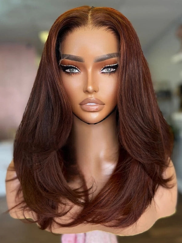 Luvwin Auburn Brown Color Layered Texture Hair 13x4 Lace Frontal Wavy Wig