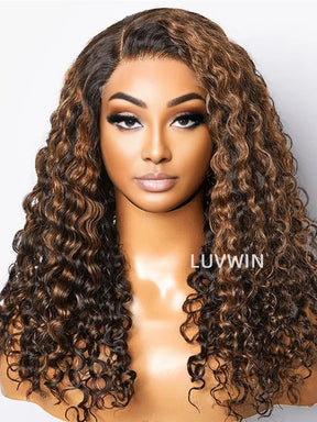 Luvwin 5x5 Side Part Water Wave Brown Highlights Pre-Cut Transparent Closure Wig