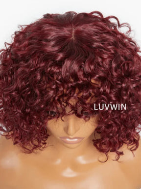 Luvwin Dark Red Water Wave Glueless Short Bang Lace Wig