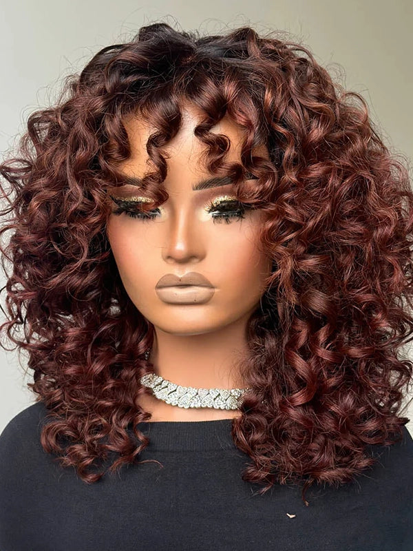 Luvwin Burgundy Curly Bang Wig With Natural Black Root No Lace Easy To Go Wig