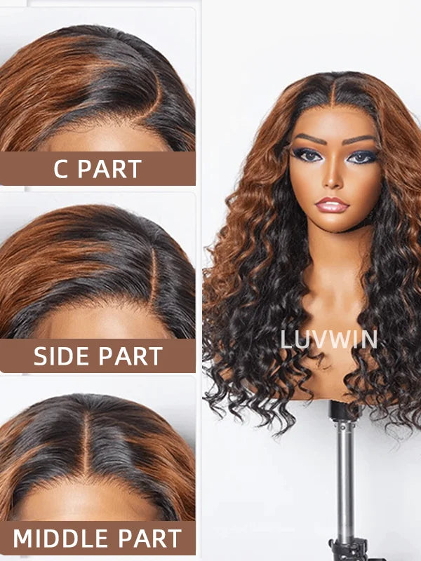 Luvwin 13x4 HD Frontal Peekaboo Ombre Brown Highlight Color Water Wave Pre-Cut Lace Wig