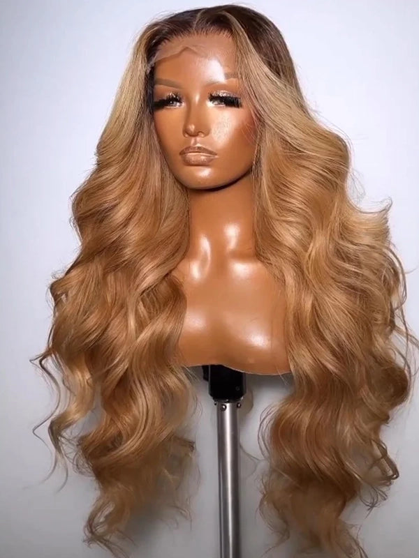 Luvwin 13x4 Frontal Pre-cut Lace Ombre Blonde Color Wig With Black Hair Root Body Wave Hair