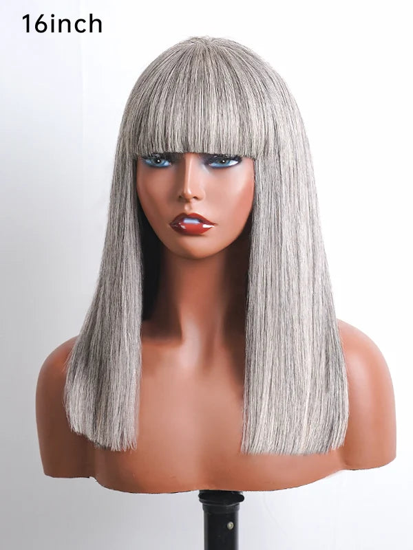 A 16-inch Salt wig side view, showcasing sleek bangs and a small lace front. Perfect for women of all ages looking for a polished, easy-to-style wig for various occasions.