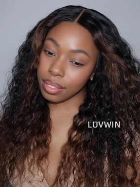 Luvwin Brown Ombre Water Wave13x4 Glueless Pre-Cut HD Lace Frontal Wig For Black Women